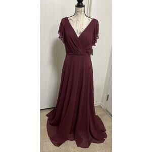 Davids Bridal Dress Womens 8 Wine Red Long Flutter Sleeve Formal Gown F20065
